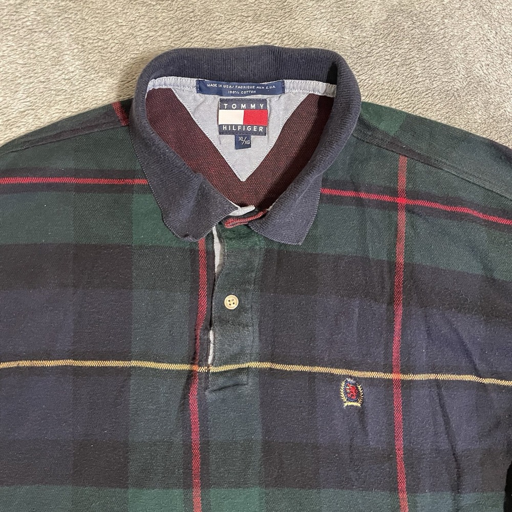 VTG Men's XL Tommy Hilfiger Classic Rugby Long sleeve Navy/green Polo Shirt USA